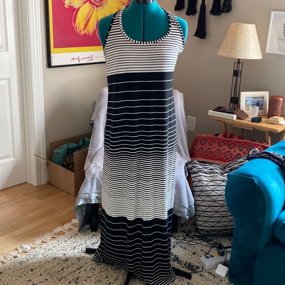 La Blanca black and white racerback striped stretch jersey maxi dress.